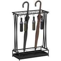 Stojak na parasole HOMCOM, stalowy, prostokątny, z 24 haczykami, 21 otworami, wyjmowaną tacką na wodę, do kijków i parasoli, 50 x 24 x 68 cm, czarny