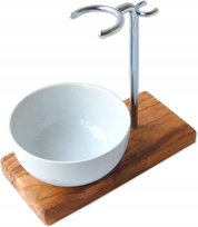 Stojak na pędzel do golenia drewno oliwkowe + porcelanowa miseczka
