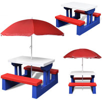 Stół Ogrodowy Piknikowy Dla Dzieci Z Parasolem I Ławkami Niebiesko-Czerwony Coil
