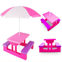 Stół ogrodowy piknikowy dla dzieci z parasolem i ławkami różowy COIL