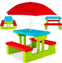 Stół Ogrodowy Piknikowy Dla Dzieci Z Parasolem I Ławkami Zielono-Czerwony Coil