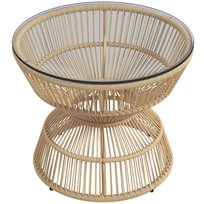 Stolik kawowy Outsunny Rattan, Ø60 cm, stolik ogrodowy z blatem ze szkła hartowanego, stolik balkonowy w stylu boho, stolik kawowy do ogrodu, na balkon, drewno naturalne