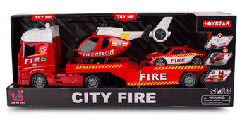 Straż Pożarna Tir laweta z helikopterem i samochodem zestaw interaktywna ciężarówka + pojazdy, światła i dźwięk - Świat Dziecka