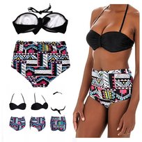 Strój kąpielowy bikini wysoki stan aztecki wzór czarny fiszbiny L Sapphire
