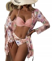 Strój Kąpielowy Bikini Z Pareo Kwiaty Biustonosz Push Up Wysoki Stan Xl
