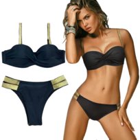 Strój Kąpielowy Czarny Złote Pasy Push Up L 40