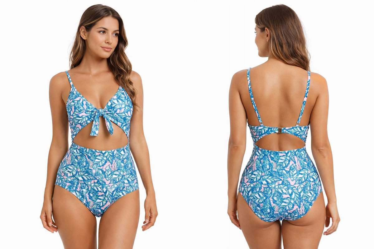 Empik STRÓJ KĄPIELOWY DAMSKI JEDNOCZĘŚCIOWY WYCIĘCIA WIĄZANIE NIEBIESKI PRINT