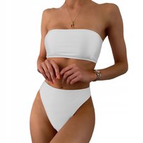 Strój Kąpielowy Dwuczęściowy Bikini Majtki Wysoki Stan Opaska Kolor Biały S