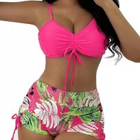 Strój Kąpielowy Dwuczęściowy Kostium Wysoki Stan Bikini Spodenki Boho Xl Różowy