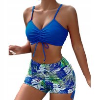 Strój Kąpielowy Dwuczęściowy Kostium Wysoki Stan Bikini Spodenki Wiązanie M Niebieski