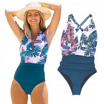 Strój Kąpielowy Jednoczęściowy Kostium Wyszczuplający Damski Niebieski Xl