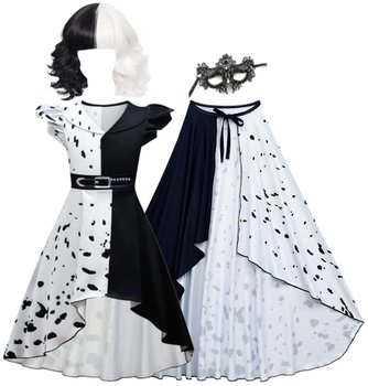 Strój Kostium Przebranie Sukienka Cruella De Mon 101 Dalmatyńczyków Peruka 110/116 Cm - Hopki