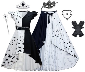 Strój Kostium Przebranie Sukienka Cruella De Mon 101 Dalmatyńczyków Rękawiczki Cosplay 110/116 Cm - Hopki