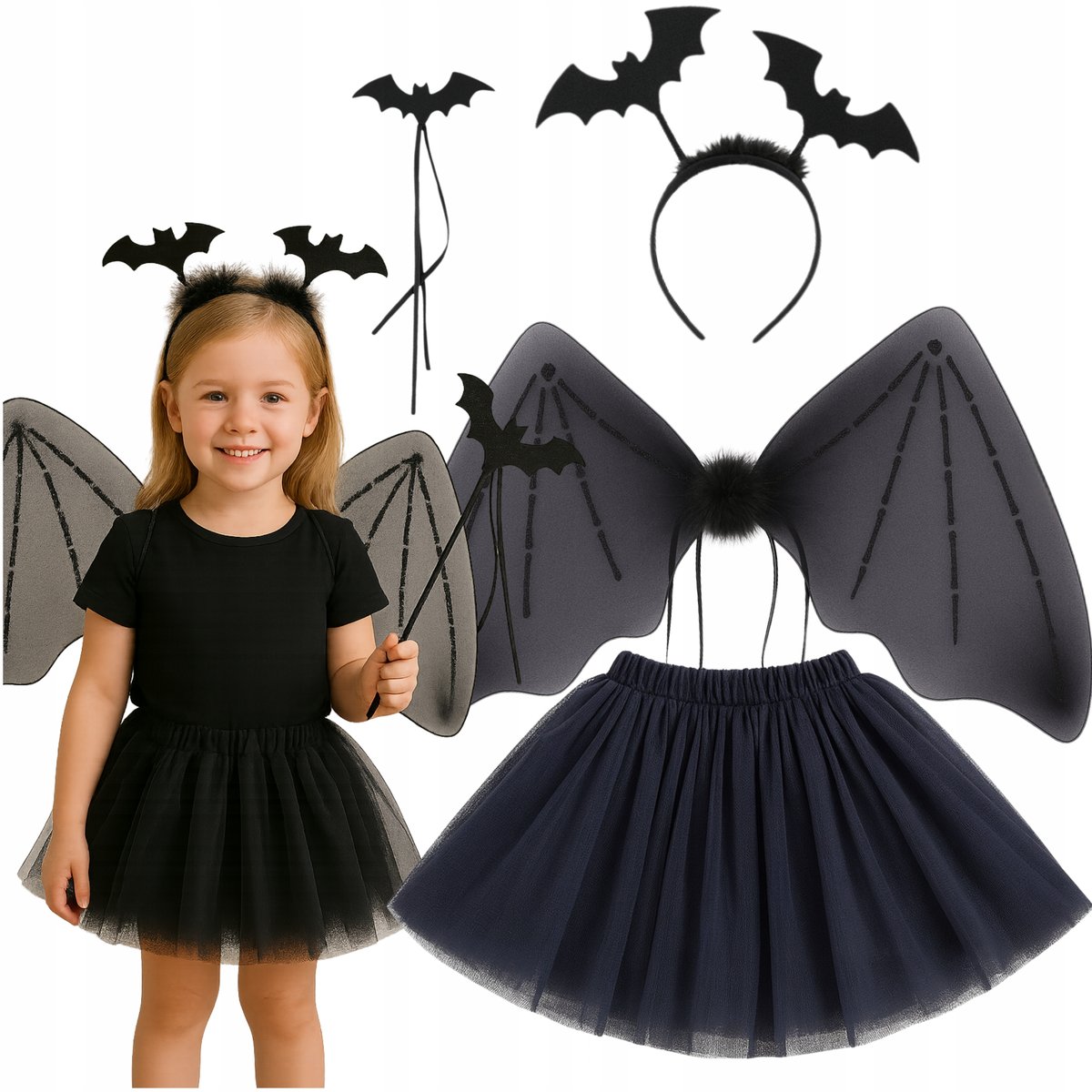 Strój Pajęczarka Nietoperz Tiulowy Kostium Tutu Halloween dla Dzieci