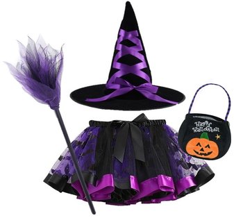 Strój Przebranie Halloween Czarownica Wiedźma Tutu Fioletowa 104/128 (L) Miotła Koszyk - Hopki