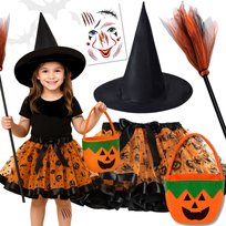 Strój Przebranie Halloween Czarownica Wiedźma Tutu Pomarańczowa 104/128 (L) Miotła Koszyk Hopki