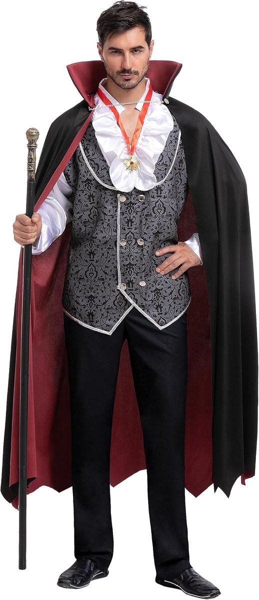 STRÓJ PRZEBRANIE WAMPIR UPIORNY KSIĄŻE PELERYNA WAMPIRA KIJ BAL HALLOWEEN