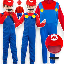 Strój Super Mario Przebranie dla Chłopca Kostium na Bal 4w1 Czapka Wąsy XL