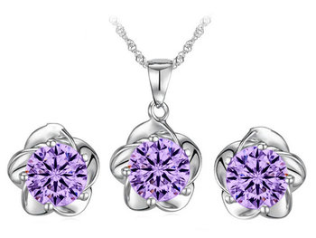 Subtelny komplet biżuterii naszyjnik z fioletową cyrkoniową zawieszką i kolczykami - Lovrin