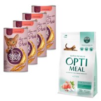 Sucha karma dla kociąt z kurczakiem Optimeal 700g Zestaw z napojami Delickcious 6x140g