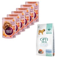 Sucha karma dla psa średnich i dużych ras z łososiem Optimeal 12 kg Zestaw z mokrą karmą Delickcious 12x85g