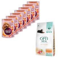 Sucha karma dla szczeniąt dużych ras z indykiem Optimeal 12 kg Zestaw z mokrą karmą Delickcious 12x85g