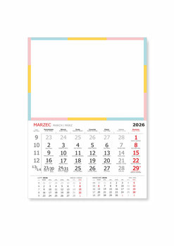 Suchościeralny kalendarz magnetyczny 2026 w formacie 29x39 cm z górną tablicą do notatek i dolnym kalendarium rocznym, mocny magnes umożliwia stabilne mocowanie na lodówce, trwały magnetyczny podkład 0,7 mm, idealny organizer rodzinny KOLORY - JUFIMI