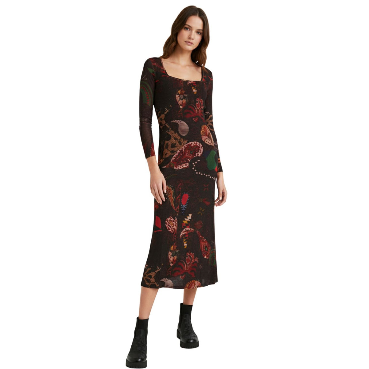 DESIGUAL Sukienka damska Desigual Arkan sweterkowa midi brązowa -XS