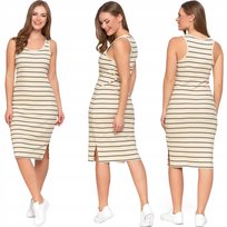 Sukienka Damska Midi Dzianinowa Z Rozcięciem Klasyczna W Paski Moraj M Off White