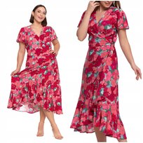 SUKIENKA DAMSKA MIDI Wzorzysta Elegancka Kopertowy Dekolt Kwiaty MORAJ L