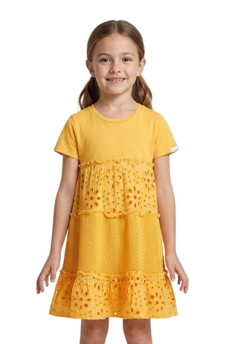 DESIGUAL Sukienka dziewczęca Desigual Raquel żółta z falabnami ażurowa-134