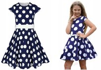 Sukienka GRANATOWA wizytowa elegancka galowa w grochy 128 WESELE SZKOŁA