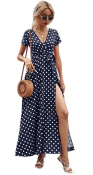 Sukienka Maxi Kopertowa Granatowa W Grochy Lekka - Inna marka