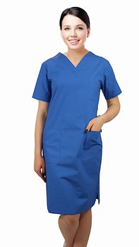 Sukienka medyczna kosmetyczna kolor niebieski taliowana krótki rękaw 44 - M&C