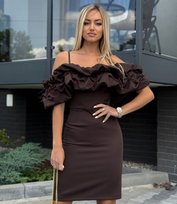 Sukienka Wieczorowa HISZPANKA Falbany Pióra Kobieca czekolada L MARINA