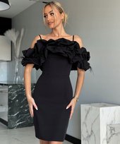 Sukienka Wieczorowa HISZPANKA Falbany Pióra Kobieca Czerń M MARINA