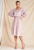 Sukienka z bufiastymi rekawami | Różowa sukienka w kwiaty M1128 S/M