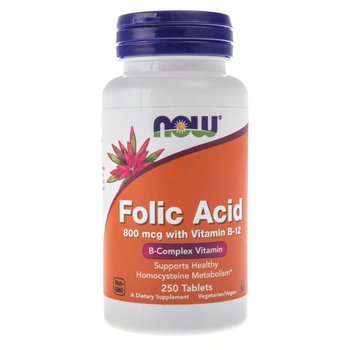 Suplement diety Folic Acid (kwas foliowy + witamina B12) NOW FOODS, 250 tabletek - Now Foods