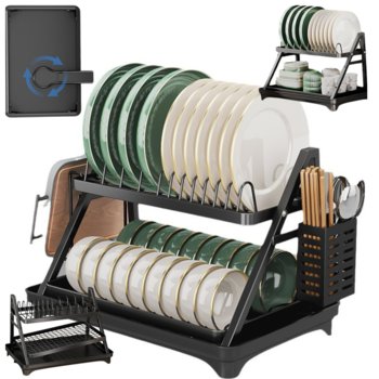 SUSZARKA DO NACZYŃ OCIEKACZ Z ODPŁYWEM DWU POZIOMOWA CZARNA 29.5x39.5x42 - DoDomu (EMPIK)