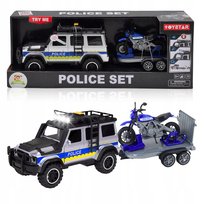 SUV Policyjny samochód OTWIERANE DRZWI zestaw MOTOCYKL napęd światła dźwięk