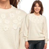 Sweter Damski Bawełniany Oversize Haft Kwiatowy Klasyczny Moraj S Ecru