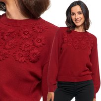 Sweter Damski Bawełniany Oversize Haft Kwiatowy Klasyczny Moraj S Red