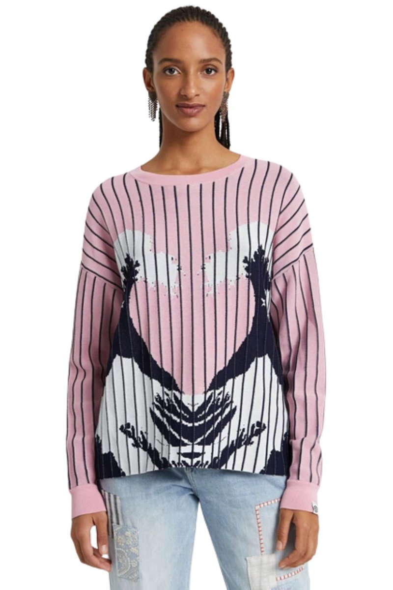 DESIGUAL Sweter damski Desigual Chennai różowy w paski z nadrukiem-XL