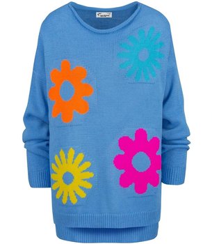 Sweter damski w kolorowe kwiaty z dlłuższym tyłem LILANA - Agrafka