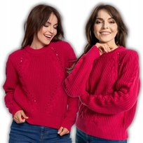 Sweter Damski Warkoczowy Splot Okrągły Dekolt Długie Rękawy Moraj S/M Pink