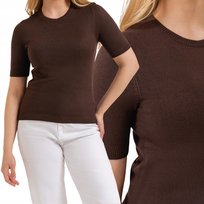 SWETER DAMSKI Z KRÓTKIM RĘKAWEM Z WISKOZĄ LEKKI ELEGANCKI MORAJ XL BROWN Moraj