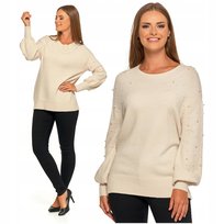SWETER DAMSKI z Ozdobnymi Perełkami Szerokie Rękawy Beżowy Stylowy MORAJ S