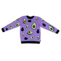 Sweter dziany fioletowy z motywem awokado unikalny, kolorowy wzór Rozmiar S
