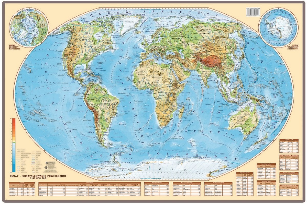 Świat mapa ścienna fizyczna na podkładzie do wpinania - pinboard, 1:60 000 000, ArtGlob