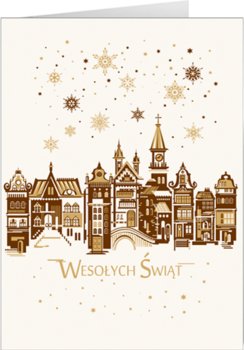 Świąteczny pejzaż miejski, kartka z tekstem T-T 18 - Czachorowski